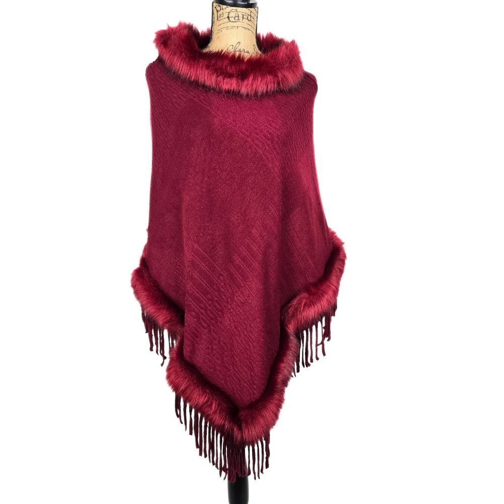 Sexy La Mode Burgundy Faux Fur‎ Trim Knit Poncho Wrap with Tassel Fringe New